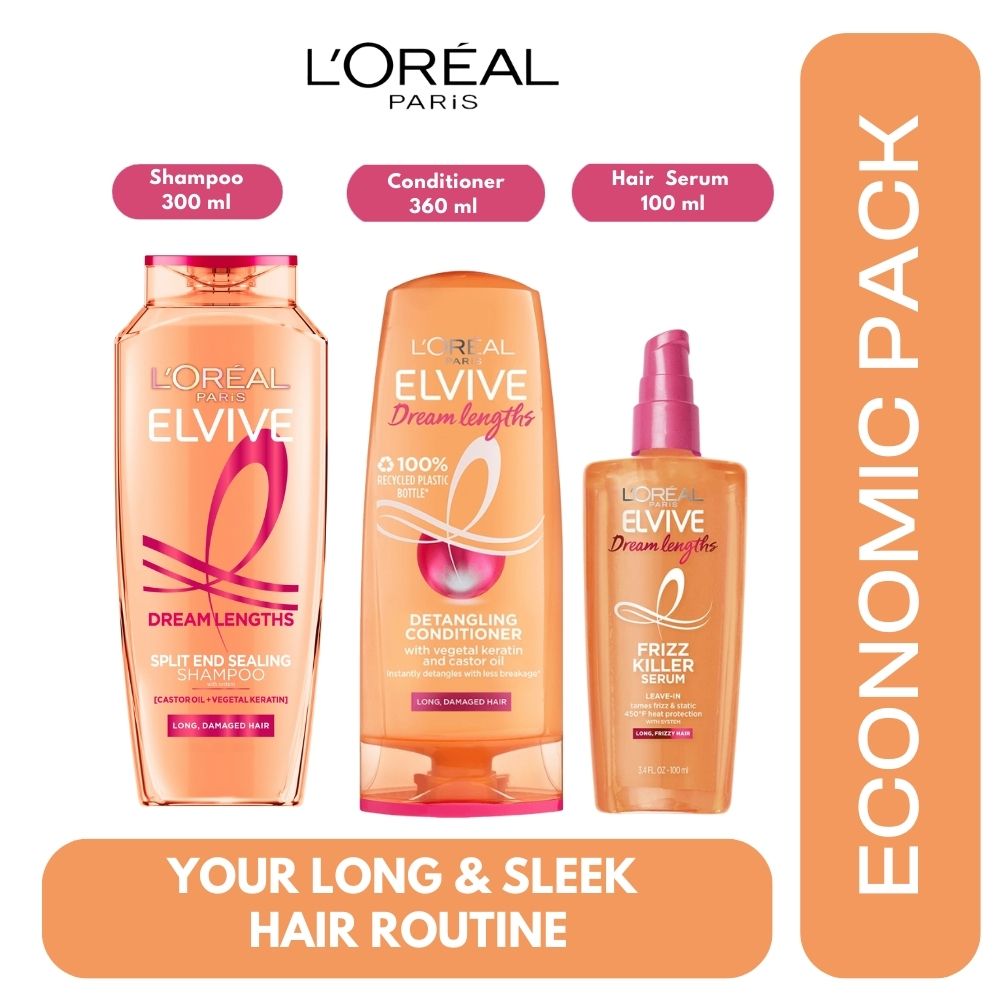 Loreal Paris Elseve (Elvive) Dream Long 3 Economic Pack Shampoo,Conditioner and Lamination Hair Serum Set