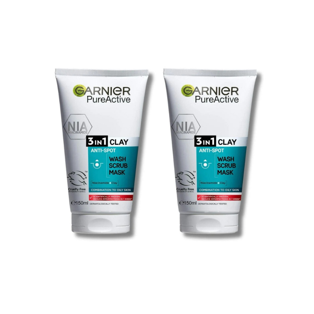 Garnier Skin Active Pure Active 3 in 1 Wash, Scrub &amp; Mask 150 ml 2 Pack