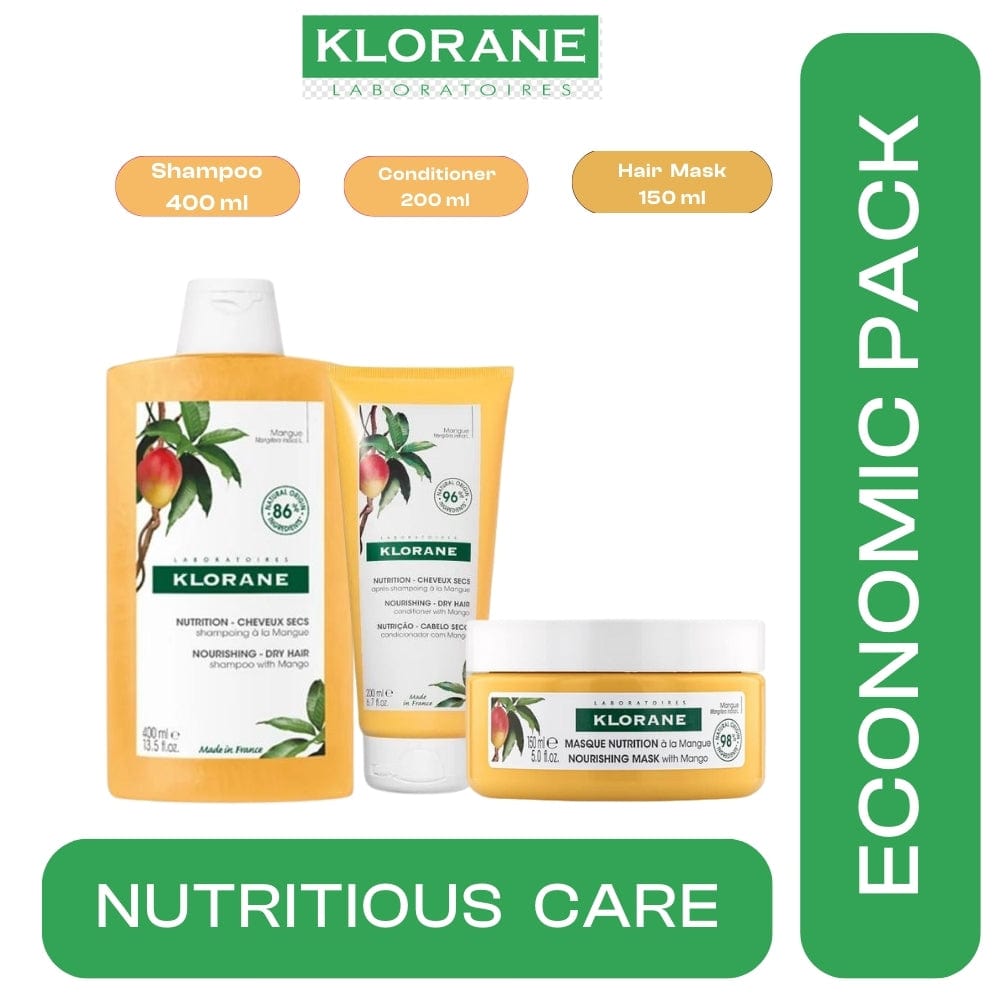 Klorane Mango Nourishing Hair Care Set 3 Economic Pack -Shampoo, Conditioner, and Mask