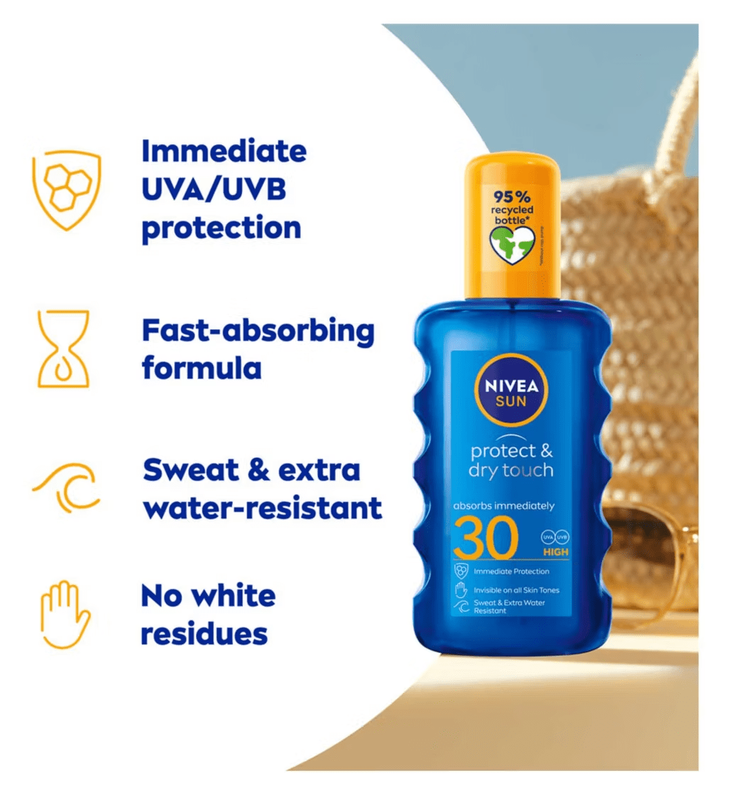 Nivea Sun Protect &amp; Dry Touch Sun Cream Spray SPF30 200 ml / 6.8 fl.oz - 3 Pack