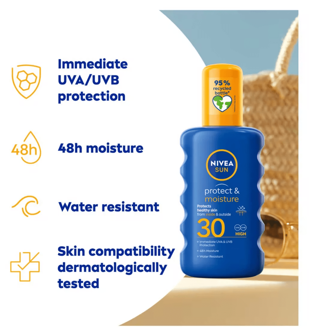 Nivea Sun Protect &amp; Moisture Sun Cream Spray SPF30 200ml / 6.8 fl.oz - 3 Pack