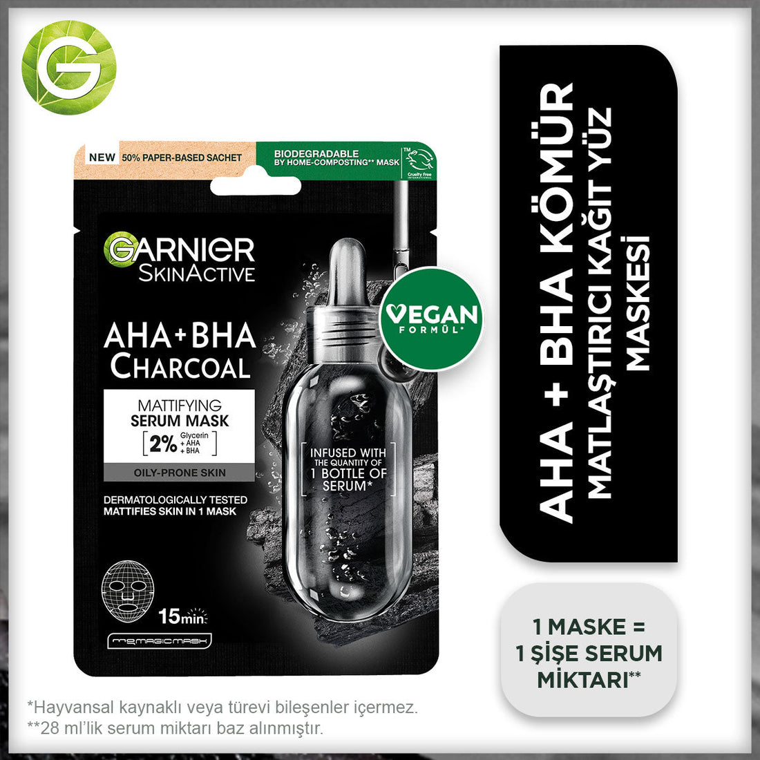 Garnier AHA + BHA Kömürlü Matlaştırıcı Kağıt Maske - Melori