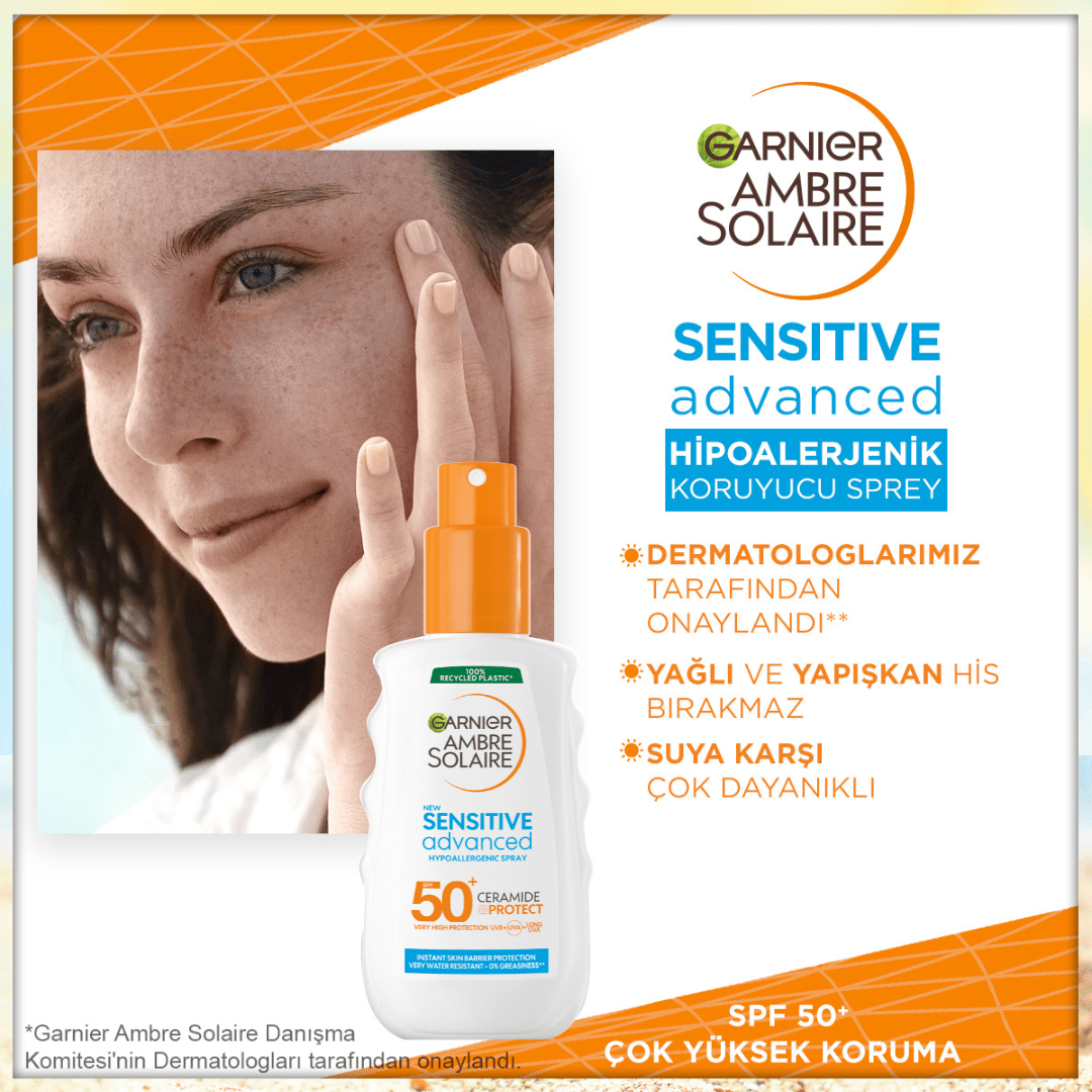 Garnier Ambre Solaire Sensitive Advanced Hipoalerjenik Güneş Koruyucu Sprey SPF50+ 150ML - Melori