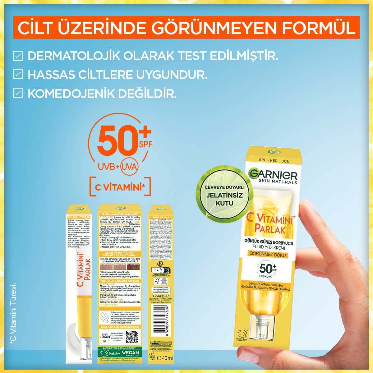 Garnier C Vitamini Parlak Günlük UV Korumalı Güneş Yüz Kremi Görünmez Doku SPF50+ 40ml - Melori
