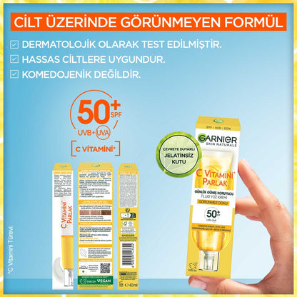 Garnier C Vitamini Parlak Günlük UV Korumalı Güneş Yüz Kremi Görünmez Doku SPF50+ 40ml - Melori