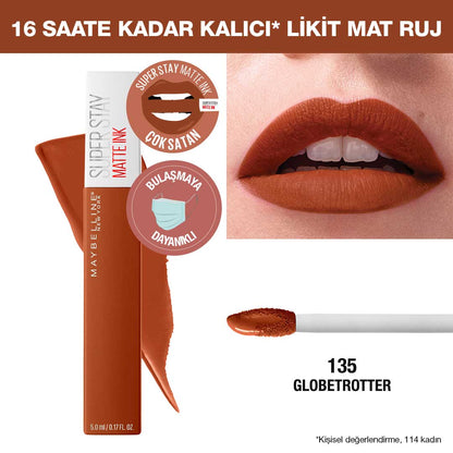 Maybelline New York Super Stay Matte Ink Likit Mat Ruj - 135 Globe - Trotter - Kahverengi - Melori