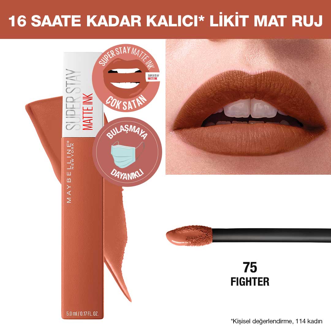 Maybelline New York Super Stay Matte Ink Likit Mat Ruj - 75 Fighter - Kahverengi - Melori